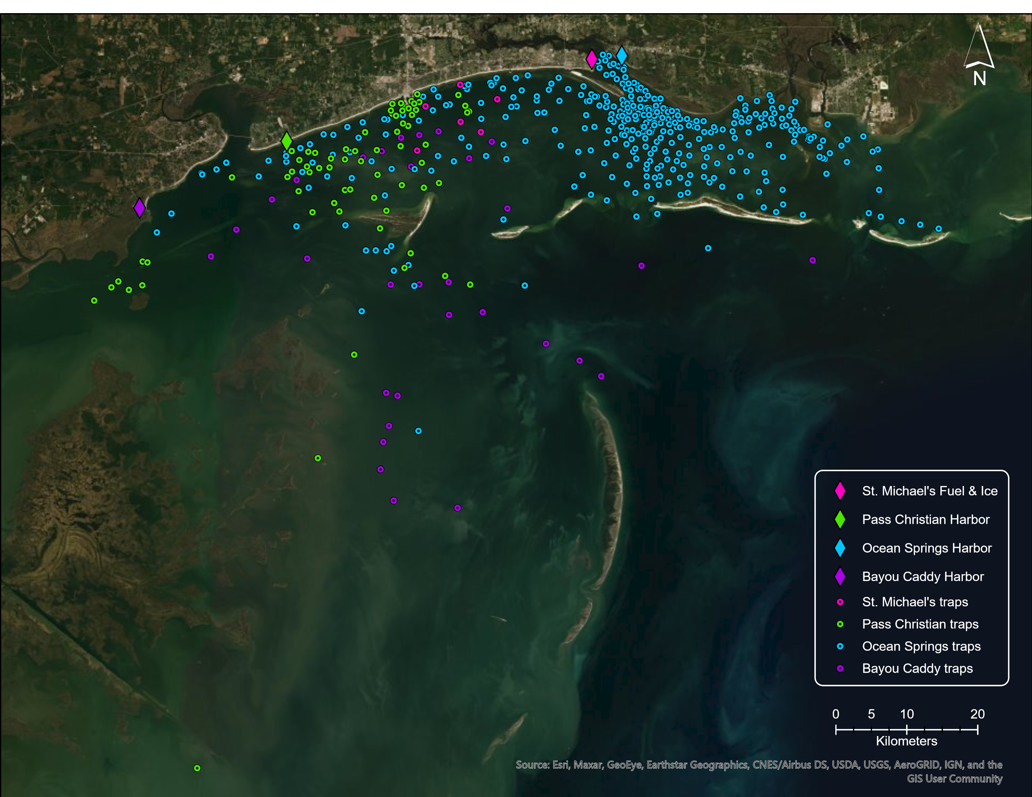 map of derelict crab traps caught and removed by shrimpers participating in derelict trap reward program. The traps are color coded by the sites they were disposed of at.