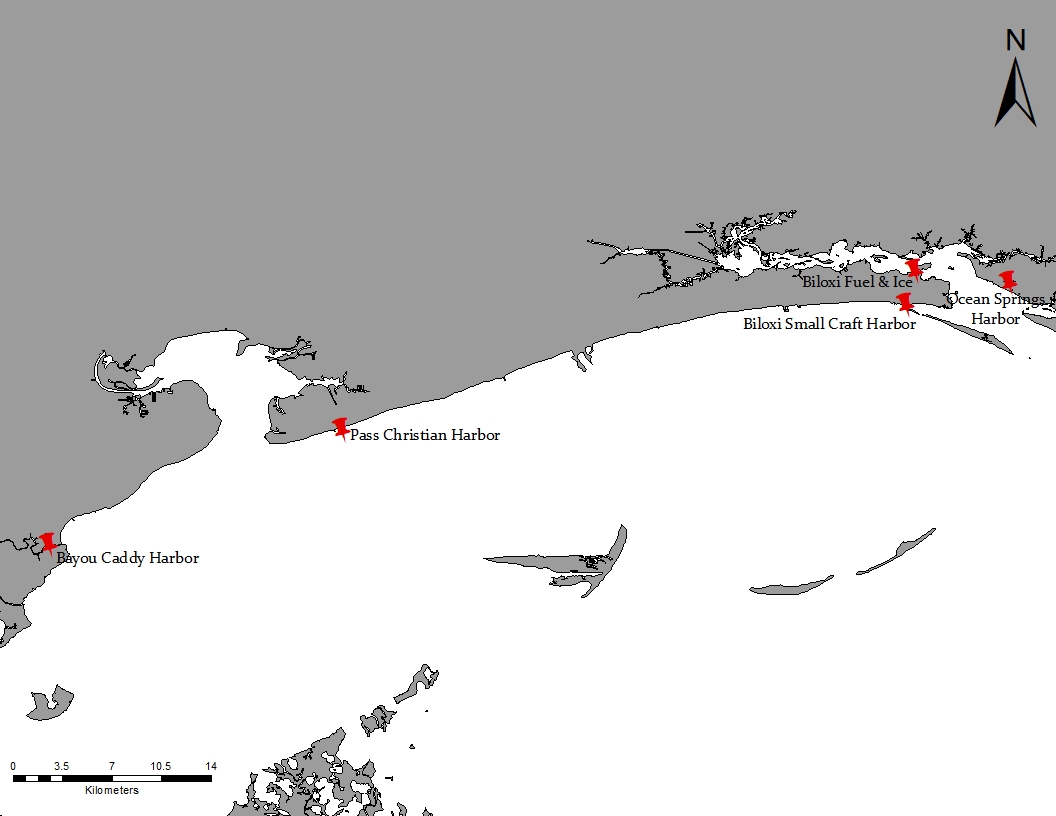 Map of Mississippi Gulf Coast with disposal sites for Derelict Trap Reward Program identified